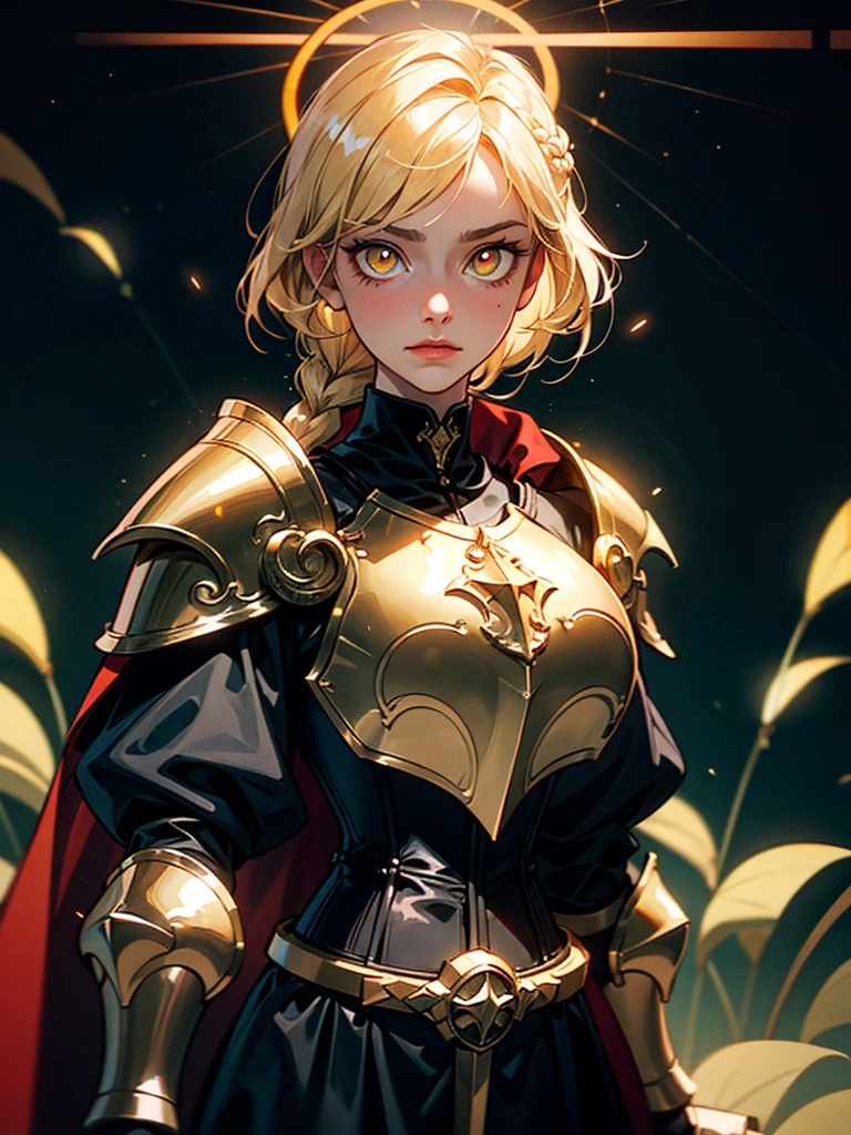 upper body of paladin lady in ornate golden armor, black collar, pauldrons, breastplate, corset, glowing halo, single braid, blonde, yellow glowing eyes, bright pupils, eye focus, red cape, temple indoors, stained glass windows, night, moonlight, particles, light beam, chromatic aberration, sultry look, seductive