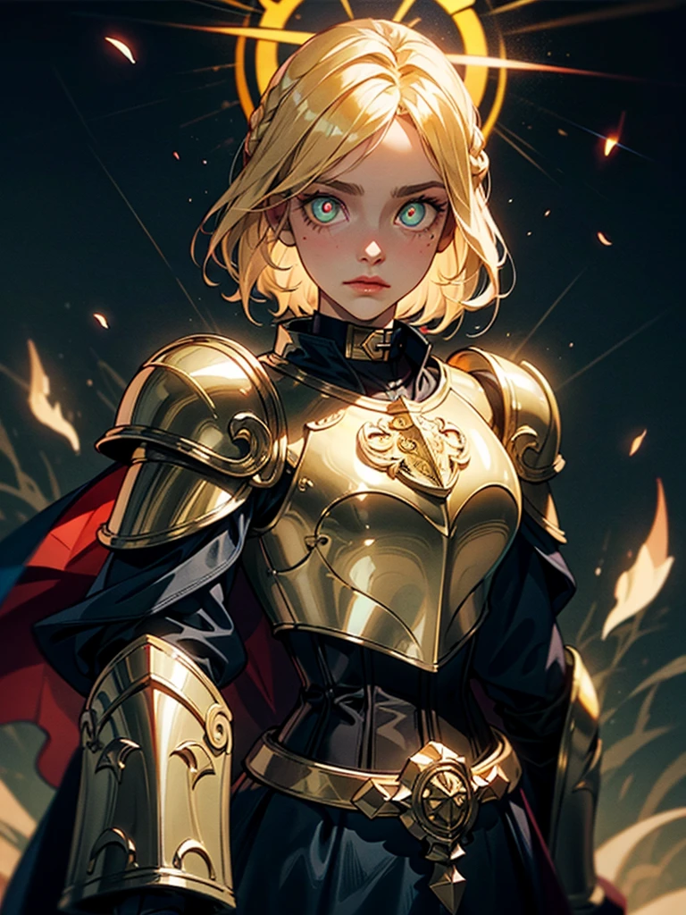 upper body of paladin lady in ornate golden armor, black collar, pauldrons, breastplate, corset, glowing halo, single braid, blonde, yellow glowing eyes, bright pupils, eye focus, red cape, temple indoors, stained glass windows, night, moonlight, particles, light beam, chromatic aberration, sultry look, seductive