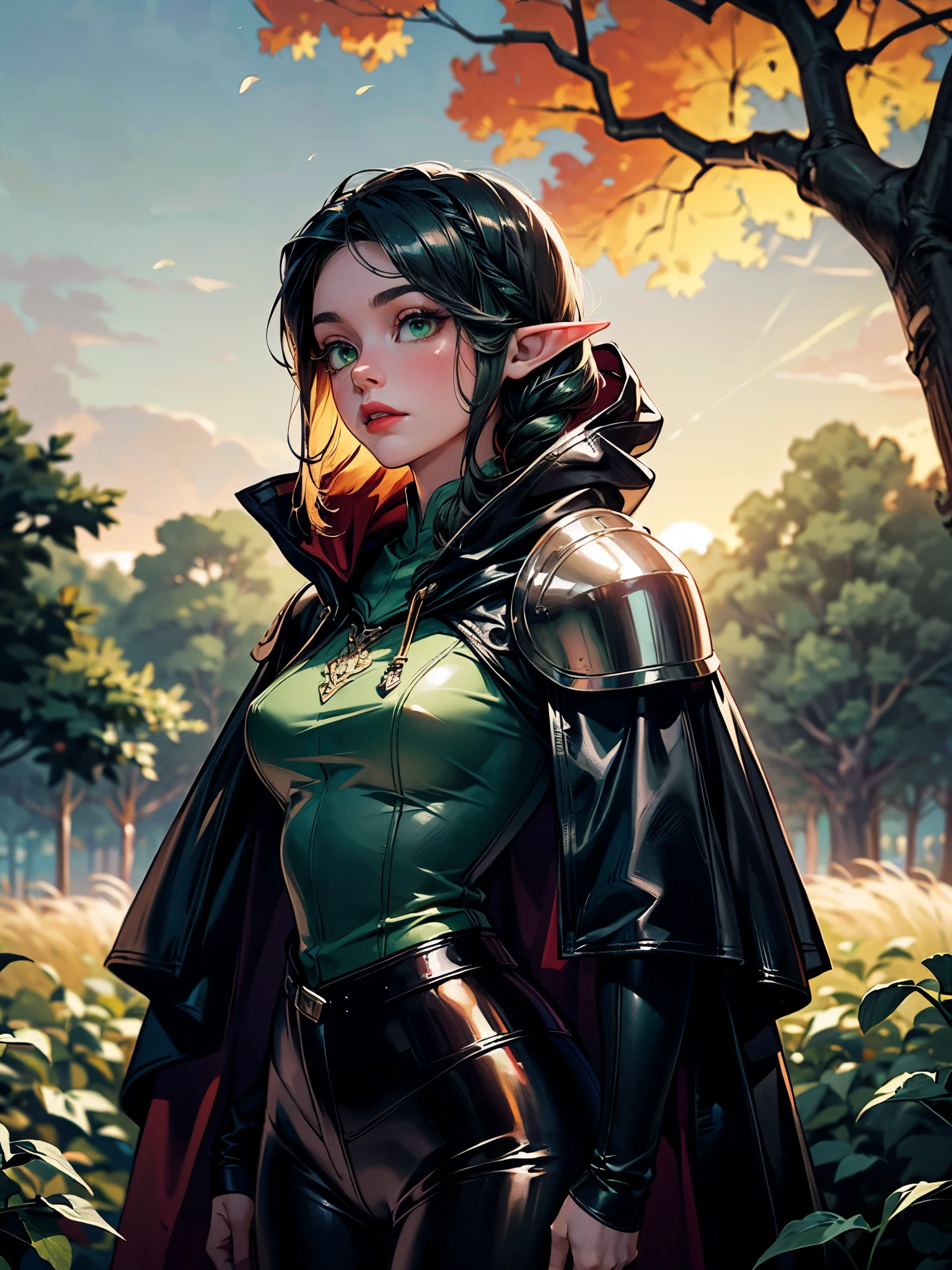 medieval setting, full view of body, (detailed elf ear, 1 woman, elven featured face, beautiful green eyes, black hair), (leather armor, black leather pants, leather hooded cape, braided leather, elven design), (oak forest, sunset background, giant oak tree), sultry look, seductive