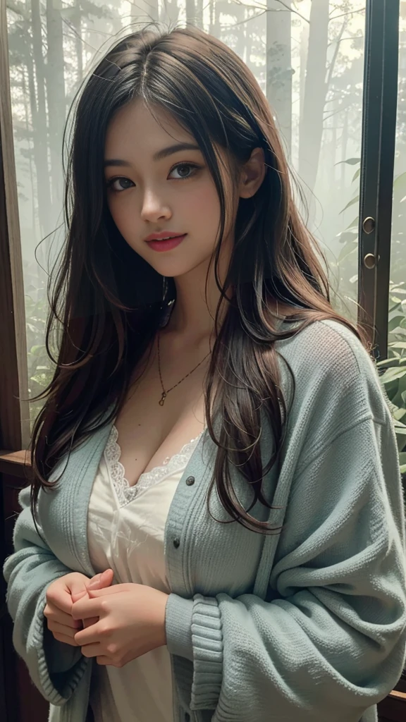 forest,Heavy fog,mystery,(RAW photos, best quality),(A girl with a literary atmosphere),Extremely refined, Astonishing, Fine details, masterpiece, Extremely detailed,high resolution,Long hair,Messy hair,(Soft lighting:1.4),(Smile)