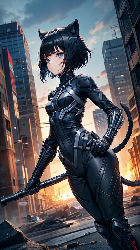 Black short-haired girl with doll head and flat chest,Black panther ears,Black Panther Tail,Ninja clothing,Hand guard,long pants,ruined city