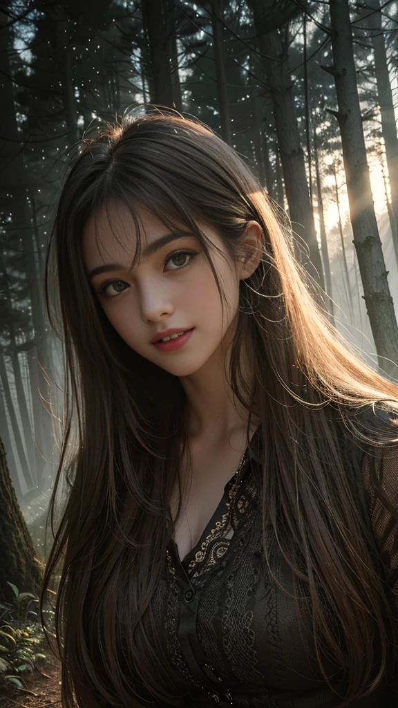 forest,Heavy fog,mystery,(RAW photos, best quality),(A girl with a literary atmosphere),Extremely refined, Astonishing, Fine details, masterpiece, Extremely detailed,high resolution,Long hair,Messy hair,(Soft lighting:1.4),(Smile)