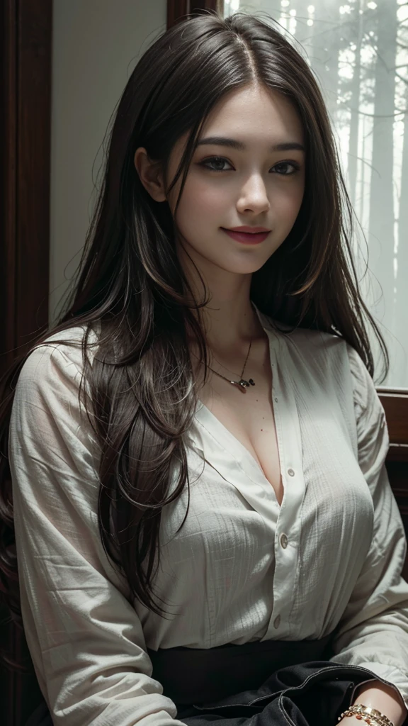 forest，Heavy fog，mystery，(RAW photos, best quality),(A girl with a literary atmosphere),Extremely refined, Astonishing, Fine details, masterpiece, Extremely detailed,high resolution,Long hair,Messy hair,(Soft lighting:1.4),(Smile)