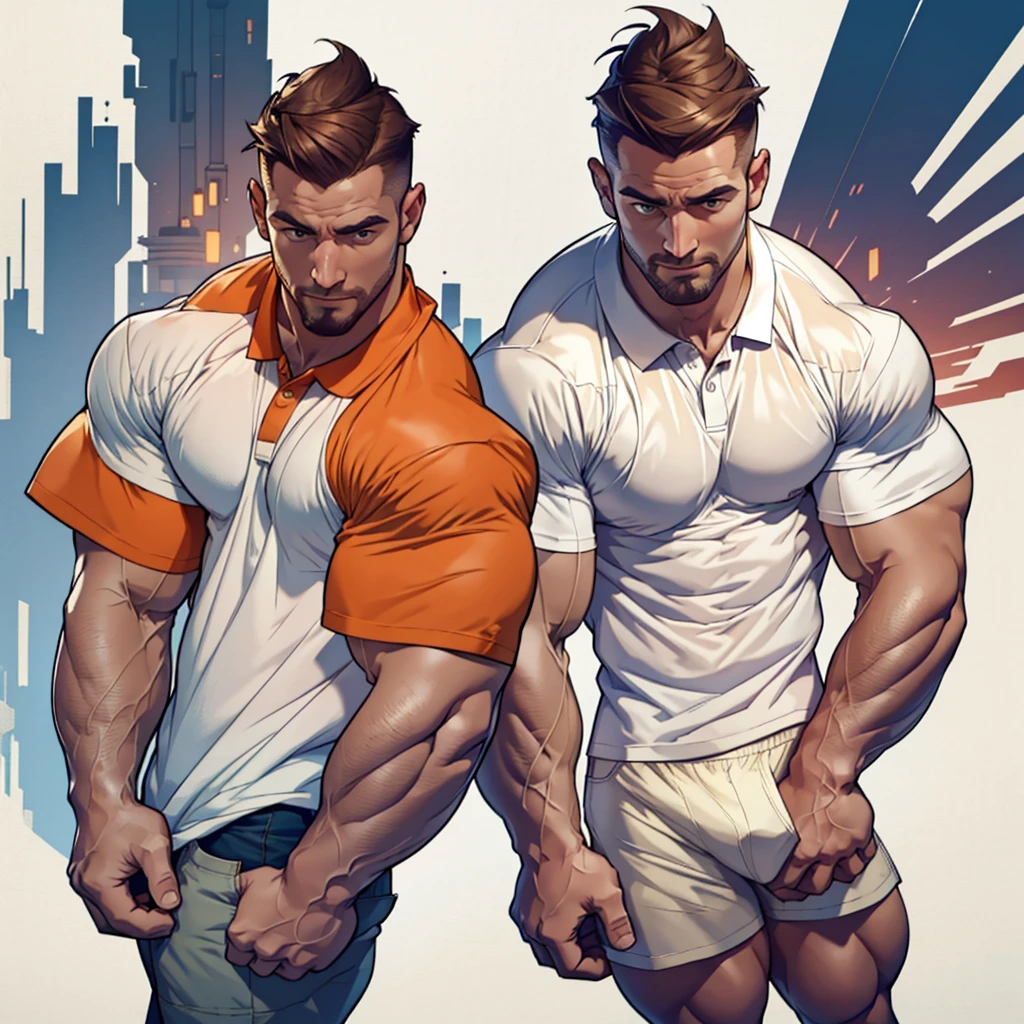 masterpiece,top-quality,((character sheets,Same character,gauges,Lateral face,soles)),environment change scene,Pose too,Hairstyle Fax,Pose ,(simple background、white backgrounid:1.3),illustratio,1 male human,Stephen AMELL,daddy hunk , handsome,thin man yet muscular Man,six pack stomack,normal Face ,Stubble,Lots of body hair,Brown hair,,Hair is thick,White polo shirt,Crisp orange boxer shorts, bulge,multi view,