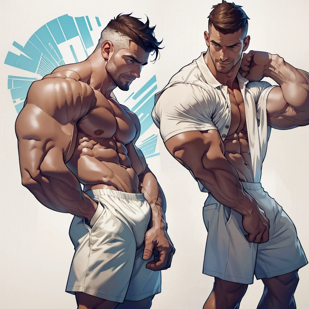 masterpiece,top-quality,((character sheets,Same character,gauges,Lateral face,soles)),environment change scene,Pose too,Hairstyle Fax,Pose ,(simple background、white backgrounid:1.3),illustratio,1 male human,Stephen AMELL,daddy hunk , handsome,thin man yet muscular Man,six pack stomack,normal Face ,Stubble,Lots of body hair,Brown hair,,Hair is thick,White polo shirt,Crisp orange boxer shorts, bulge,multi view,