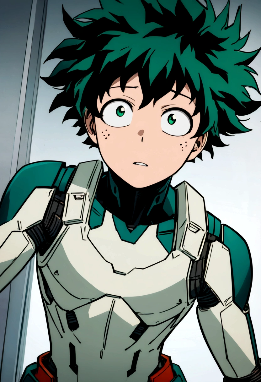 (masterpiece, best quality:1.2), solo, male focus, 1boy, midoriya izuku, short green hair, green eyes,teenager, toned slender body, blank expression, mouth hanging open staring straight forward, anime style, my hero academia style, android, humanoid robot
