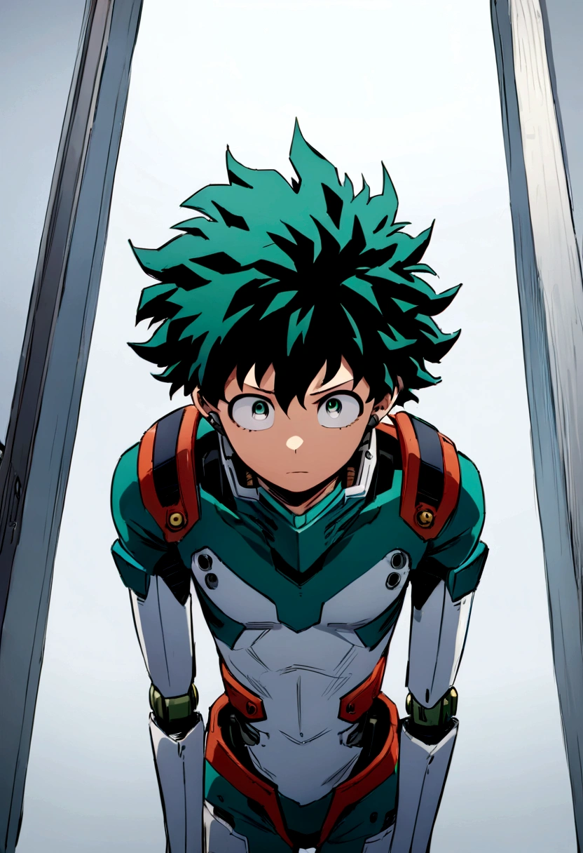 (masterpiece, best quality:1.2), solo, male focus, 1boy, midoriya izuku, short green hair, green eyes,teenager, toned slender body, blank expression, mouth hanging open staring straight forward, anime style, my hero academia style, android, humanoid robot