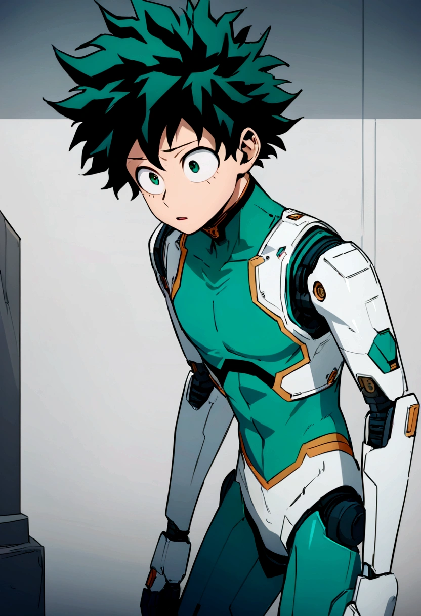 (masterpiece, best quality:1.2), solo, male focus, 1boy, midoriya izuku, short green hair, green eyes,teenager, toned slender body, blank expression, mouth hanging open staring straight forward, anime style, my hero academia style, android, humanoid robot