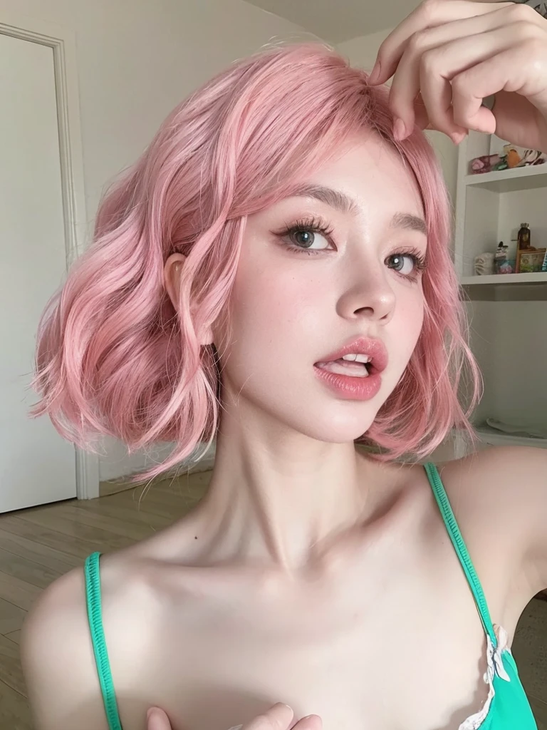 Pink short hair,Natural and beautiful hair,The background is simple and clean