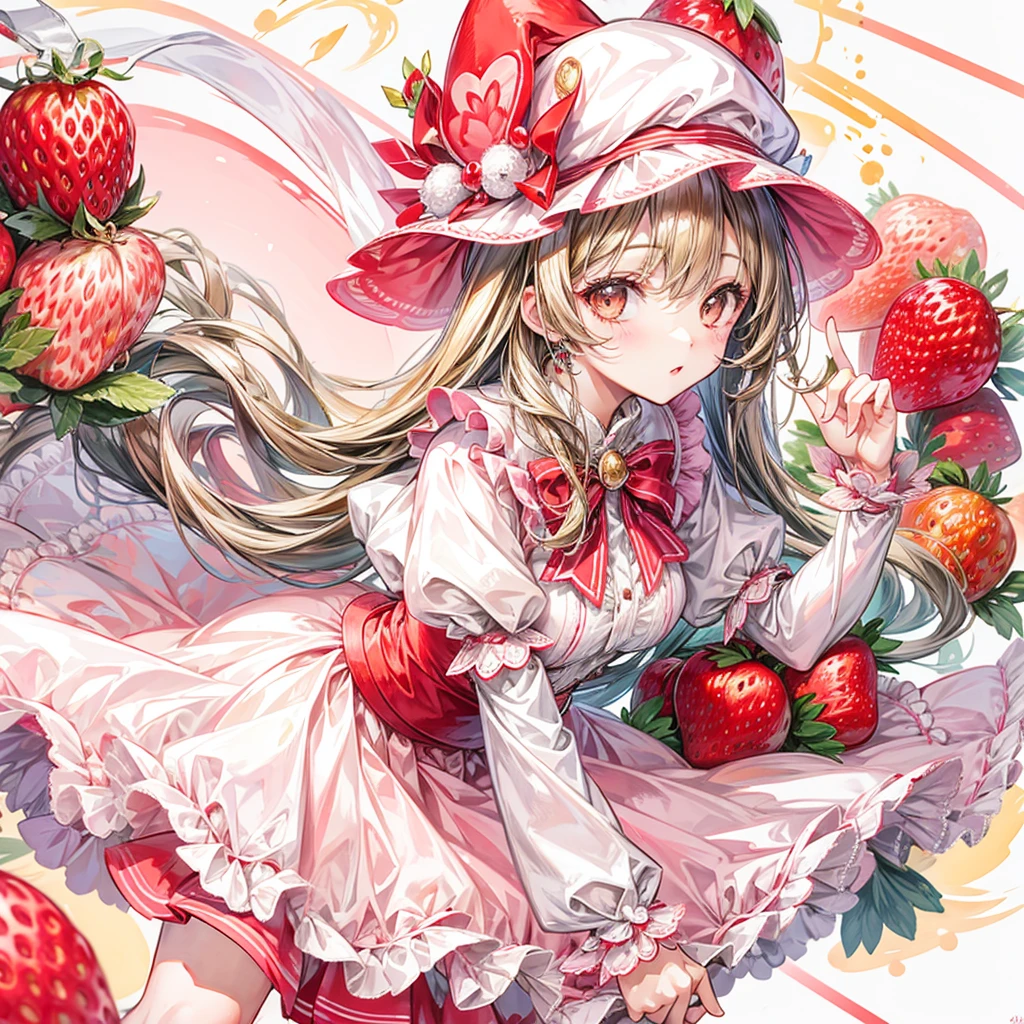 Candy wears a huge strawberry with a red bow on top of it as a hat, a long sleeve white gown, and bare feet. Her yellow bangs peek out from under her strawberry hat and she has three eyelashes on each of her eyes.  SPARKLE; GLITTER