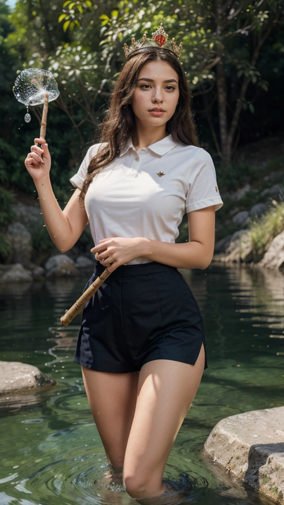 ((best quality)), ((masterpiece)), (detail), 1 girl, wearing a uniform, have a crown like a princess. carrying a tall stick surrounded by a hook and water coming out of his right hand. animation