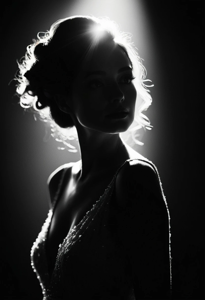 black and white, Candid silhouette of a woman, half body shot, whimsical photography style, captured with an Arriflex 35BL camera using Canon K25 prime lenses, cinematic, dramatic lighting, ultra clear, breathtaking surreal masterpiece.
