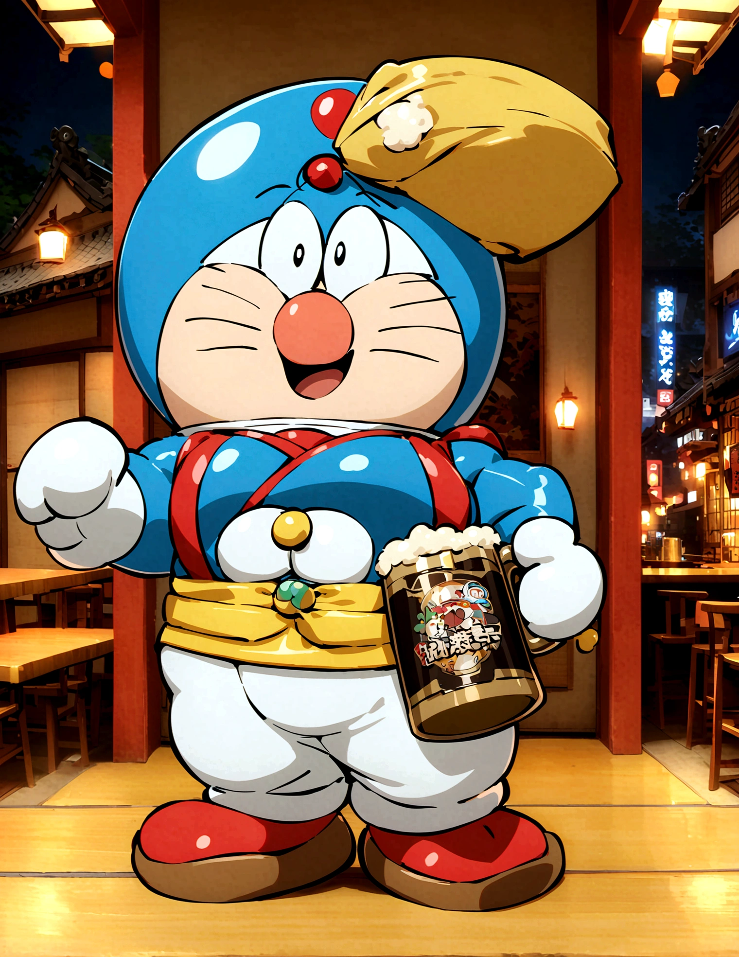 Doraemon,drink beer,Japanese anime style,Future Japanese street background,Wearing a futuristic Japanese kimono,Full beer glass,Japanese style,japonisme,RealityDoraemon头像,Reality