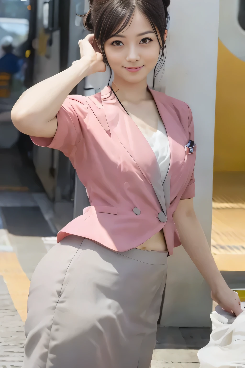 Showing your belly button、(masterpiece:1.2, Highest quality:1.2), 32k HDR, High resolution, (alone、1 girl)、 (Height: 160cm)、（On the rooftop of a building in the daytime、Professional Lighting）、Building rooftop background、（Nankai train crew uniform pinkを着たリアルスタイル）、（Nankai train crew uniform pink short sleeve collarless pink jacket、Nankai Train Crew Uniform Pink Collarless Short Sleeve Blouse、Nankai Train Crew Uniform Pink Grey Knee-length Culottes）、（The pink jacket is showing from the culottes.）、Dark brown hair、（Hair tied up、Hair tied up、Evening curly hairstyle）、Dark brown hair、Long Shot、Big Breasts、Thin legs、（（Great hands：2.0）），（（Harmonious body proportions：1.5）），（（Normal limbs：2.0）），（（Normal finger：2.0）），（（Delicate eyes：2.0）），（（Normal eyes：2.0））)、smile、（Nankai Train Crew Uniform Pink Grey Knee-length Culottesを見せた美しい歩く姿）、Place your hands around your stomach、Lanyard employee ID card
