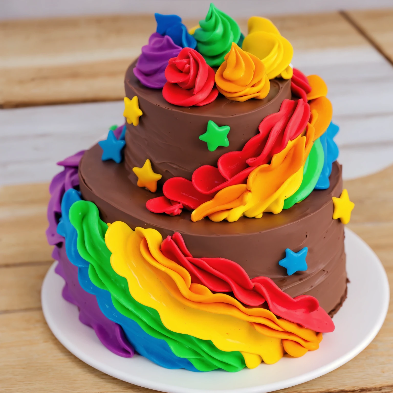 on a wooden table. there is a white plate. double tier chocolate cake ((chocolate cream texture, strokes of a pastry spatula)), rainbow cream in stitches, decorated with rainbow stars made of polymer clay, multi-colored cream on top ((cream highlights)), against the background of the kitchen, Beautiful light from the window, contour light, Multiple light sources, beautiful lighting, Bright light source, bright lighting, beautiful light sources, Multiple light sources, Realistic style , realistic texture, detailed texture, A high resolution, high quality, macro photography 