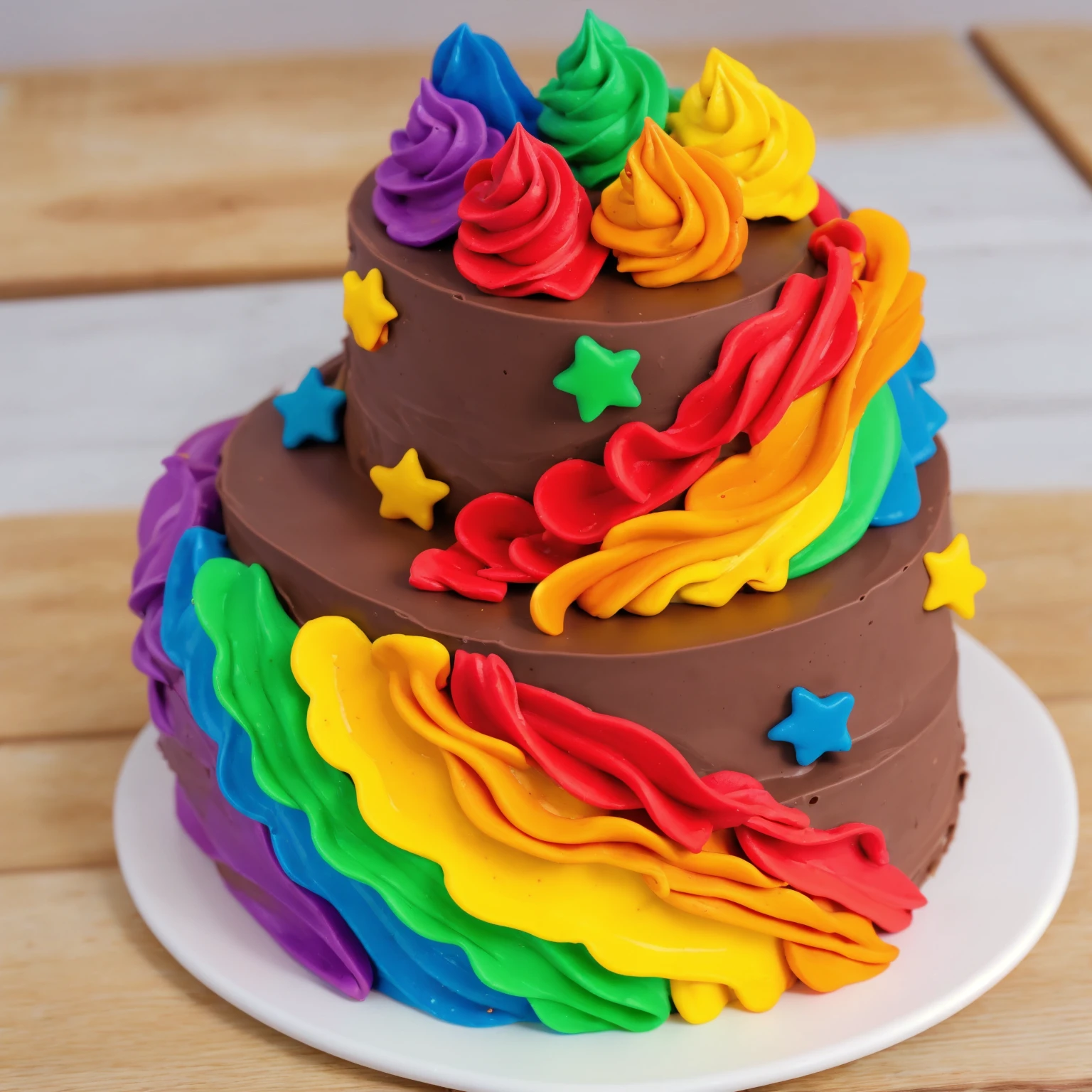 on a wooden table. there is a white plate. double tier chocolate cake ((chocolate cream texture, strokes of a pastry spatula)), rainbow cream in stitches, decorated with rainbow stars made of polymer clay, multi-colored cream on top ((cream highlights)), against the background of the kitchen, Beautiful light from the window, contour light, Multiple light sources, beautiful lighting, Bright light source, bright lighting, beautiful light sources, Multiple light sources, Realistic style , realistic texture, detailed texture, A high resolution, high quality, macro photography
