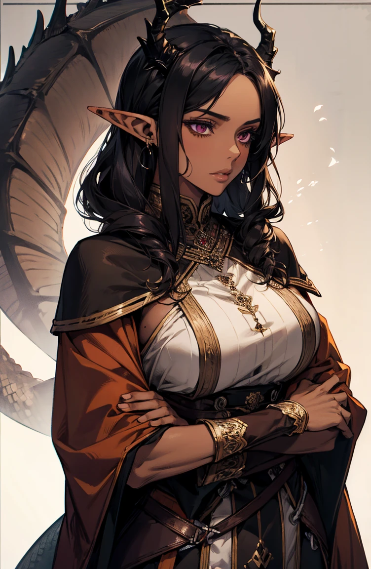 brown skin, older woman, sexy, tall, brown skin, one dragon wing, black hair, elf, elf ears, dragon horns, dark clothing, purple clothing