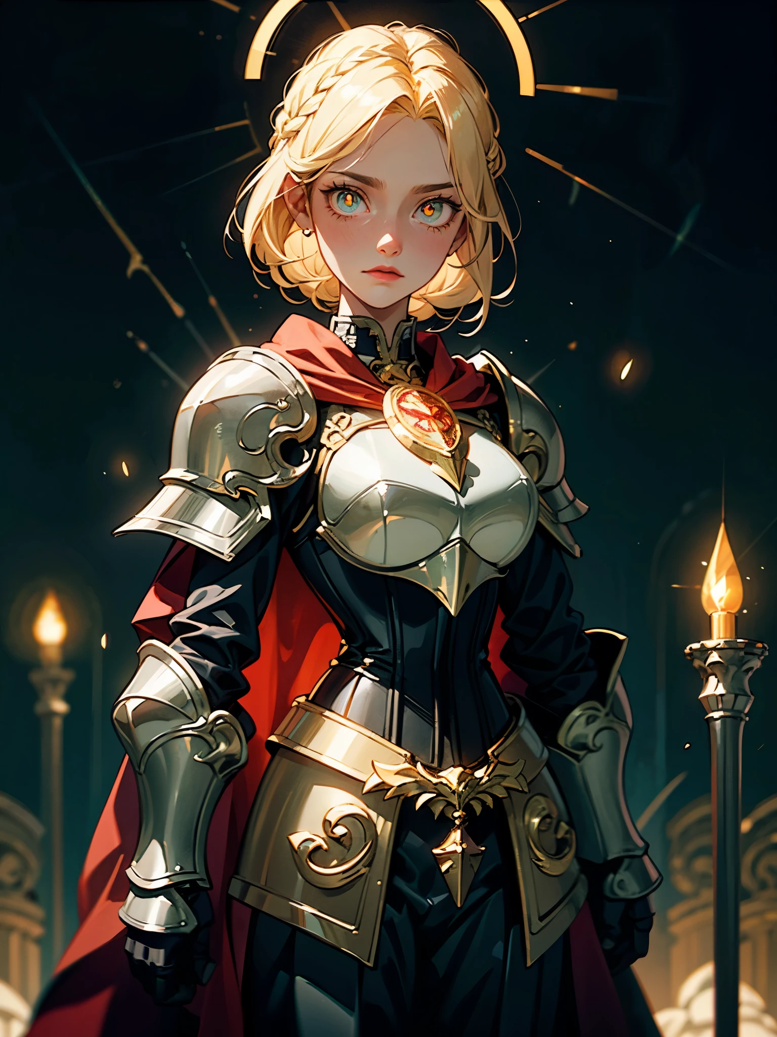 upper body of paladin lady in ornate golden armor, black collar, pauldrons, breastplate, corset, glowing halo, single braid, blonde, yellow glowing eyes, bright pupils, eye focus, red cape, temple indoors, stained glass windows, night, moonlight, particles, light beam, chromatic aberration,  sultry look, seductive

