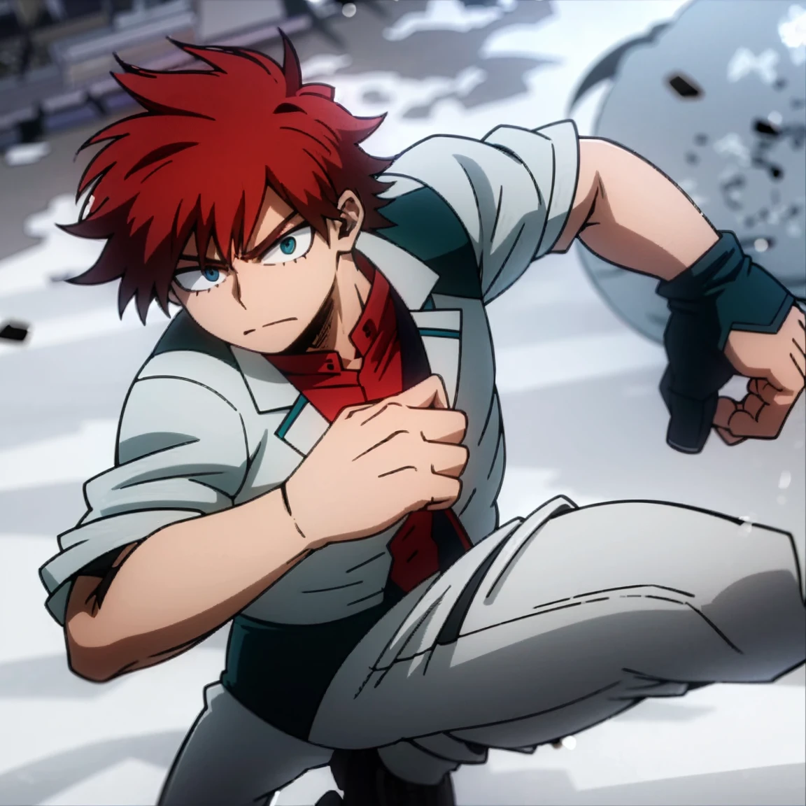 1boy, male focus, solo, muscular body, short hair, wavy hair, crimson hair, blue eyes, gray jacket, red tie, white shirt, teal pants, boots, fire, snow background, light, handsome