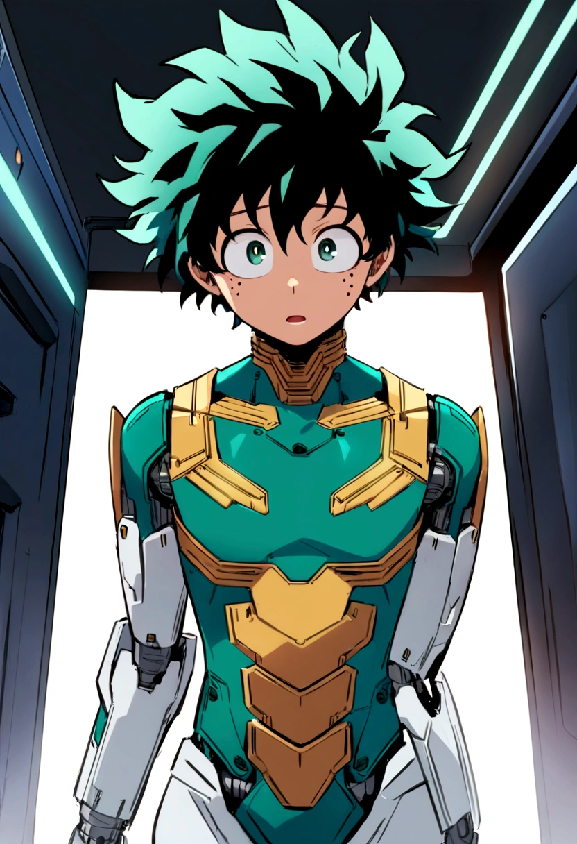 (masterpiece, best quality:1.2), solo, male focus, 1boy, midoriya izuku, short green hair, green eyes,teenager, toned slender body, blank expression, mouth hanging open staring straight forward, anime style, my hero academia style, android, humanoid robot, robotic features, cybernetic anatomy