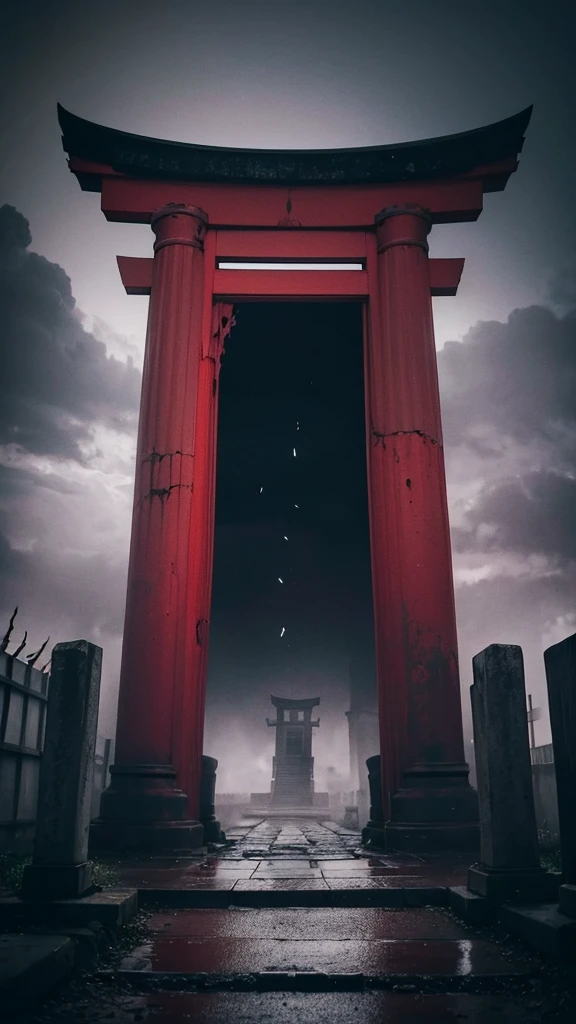 A creepy horror video of a broken vermilion torii gate, countless broken gravestones, and a dark, smelly atmosphere.