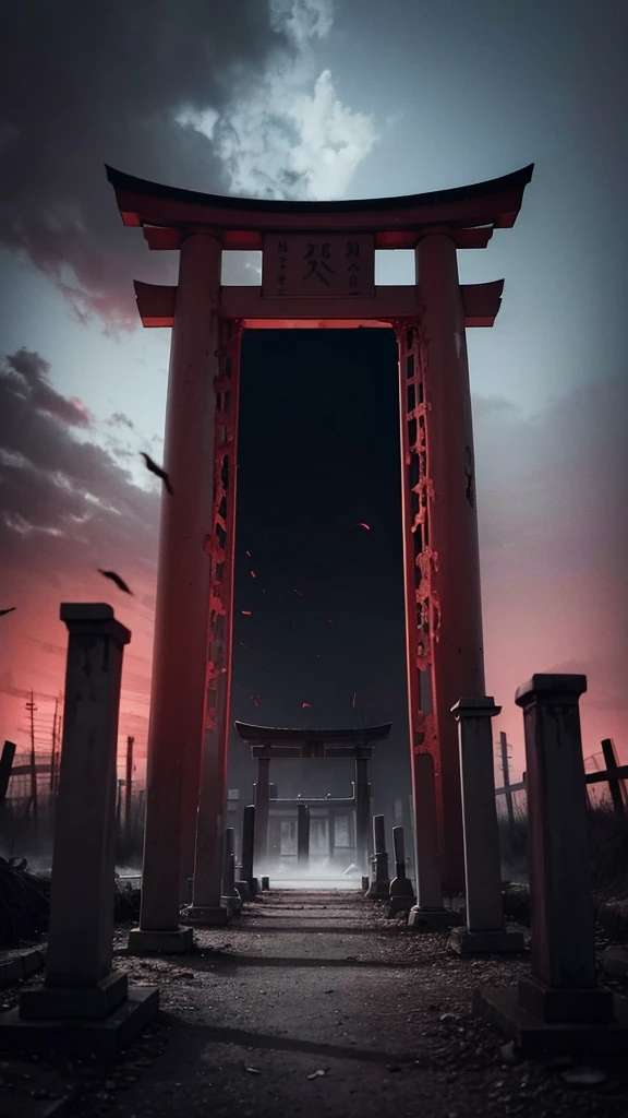 A creepy horror video of a broken vermilion torii gate, countless broken gravestones, and a dark, smelly atmosphere.