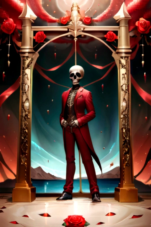 (There are many red roses growing on the skull:1.37), (The openwork frame is made of gold and rubies:1.3), (The open frame produces many roses:1.3),(cartoon skeleton), (All Souls' Day:). 8K'', (All Souls' Day:), (Half skeleton), (The skeleton matches the clothes perfectly),still from a music video, Skeleton made of red roses,. (The background is a desolate desert:1.3),film records