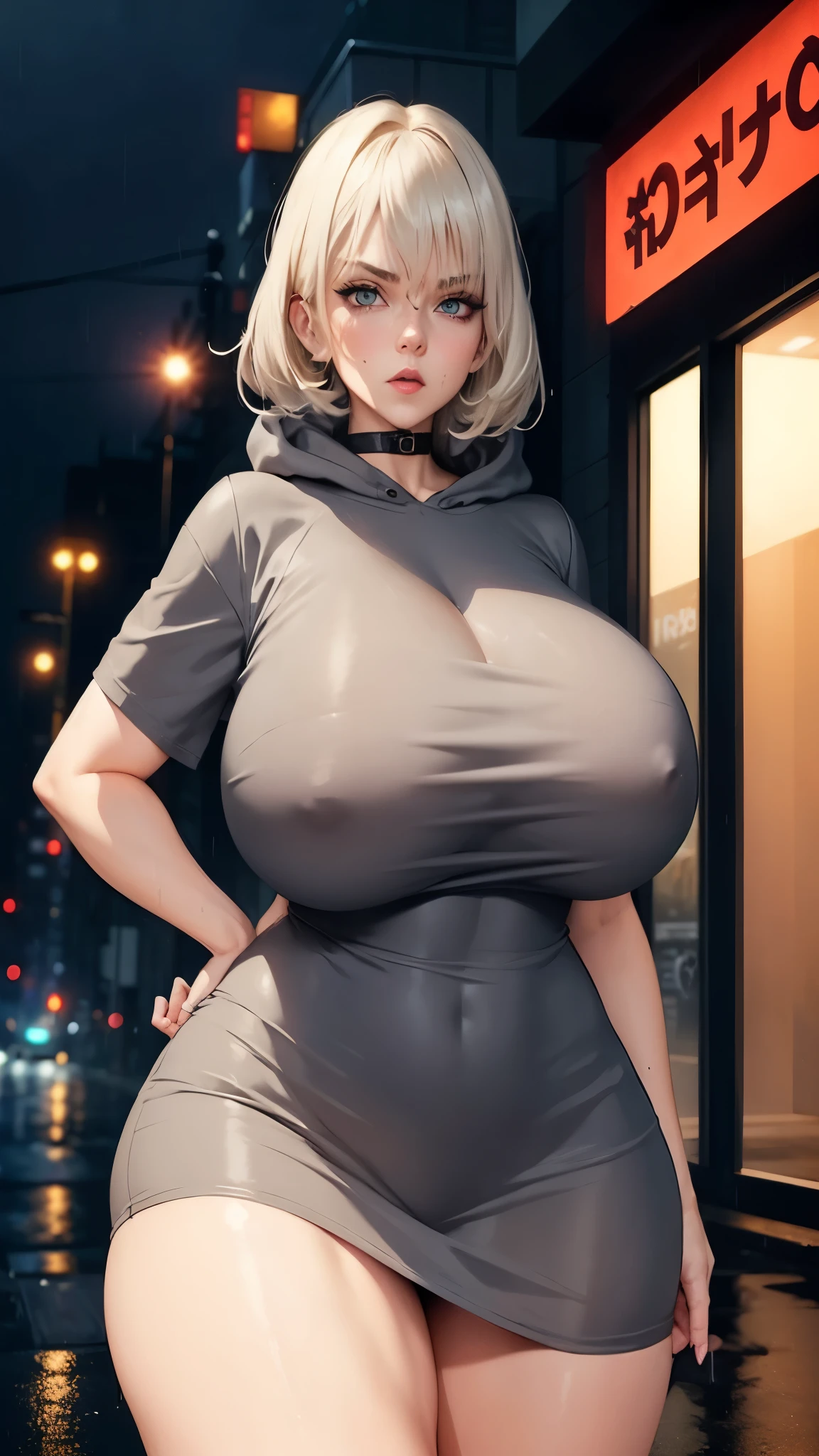 (huge boobs), huge woman, (Horror style), bob hair, hood, black t-shirt dress, in city fog night, ((wet)), rain, pantyhose, strong stance 