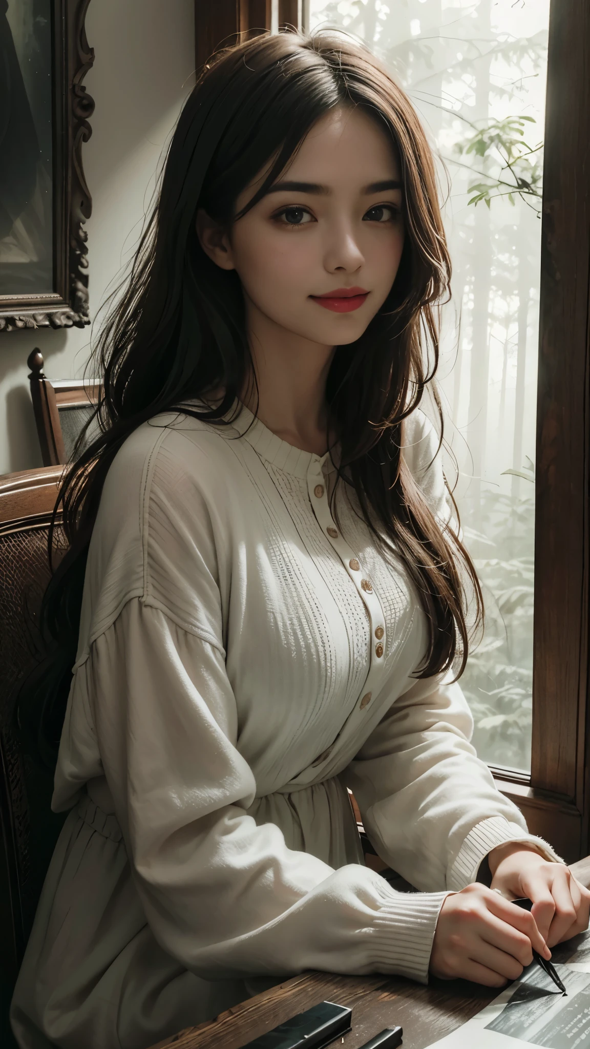 forest,Heavy fog,mystery,(RAW photos, best quality),(A girl with a literary atmosphere),Extremely refined, Astonishing, Fine details, masterpiece, Extremely detailed,high resolution,Long hair,Messy hair,(Soft lighting:1.4),(Smile)
