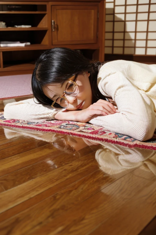 Highest quality、masterpiece、High sensitivity、High resolution、Detailed Description、40Housewife、Glasses、Taking a nap in a Japanese-style room、Lie down、close your eyes、defenseless、