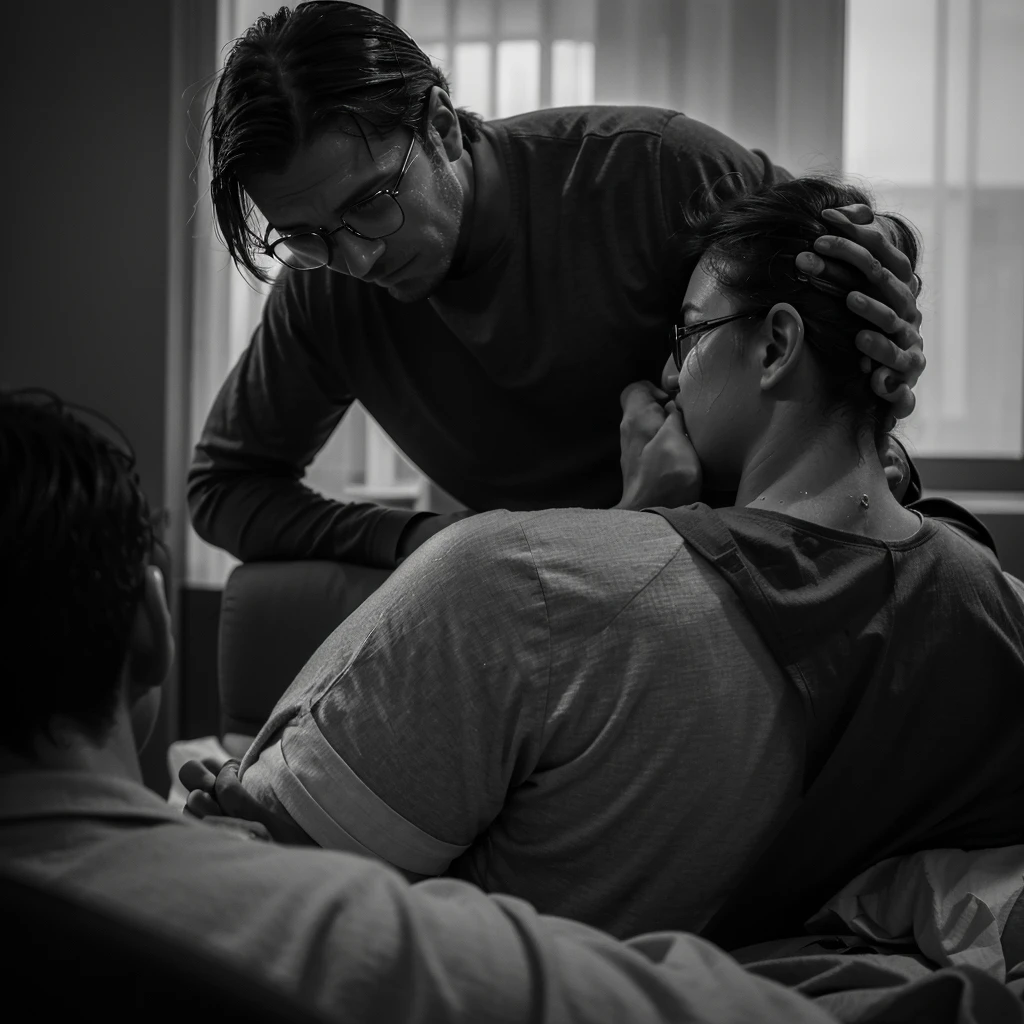 A blurred, grayscale image of a man crying (without his face being seen) on the legs of a woman who gently caresses his head and looks at him tenderly. The scene should appear as if seen through wet glasses.