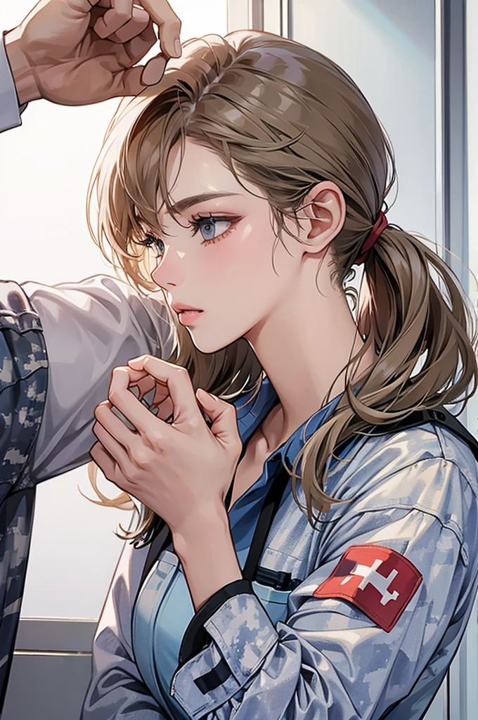 Nurse kisses camouflage uniformed soldier