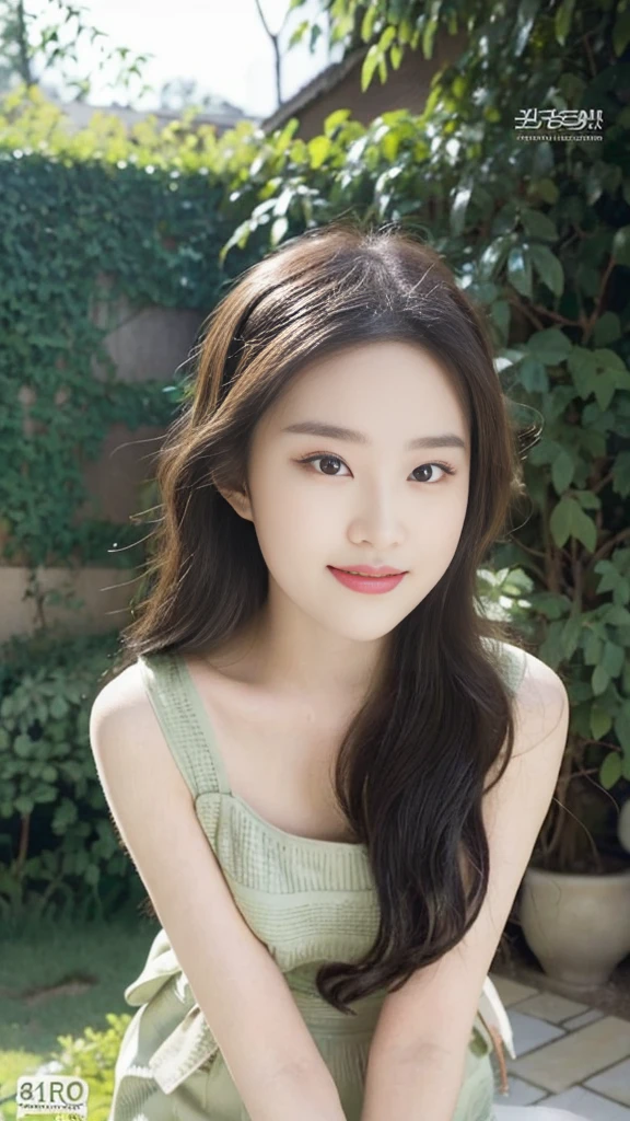 ((best quality, 8K, masterpiece: 1.3)), focus: 1.2, perfect body beautiful: 1.4, buttocks: 1.2, (layered hairstyle: 1.2),  Highly detailed facial and skin textures, whole body, narrow eyes, double eyelids, skin whitens, long hair, (round face: 1.5), Smile  
 in the midst of a serene summer garden. The sun casts a bright and minimalist light on her figure, The blue sky is visible through the intricately woven green branches and leaves,