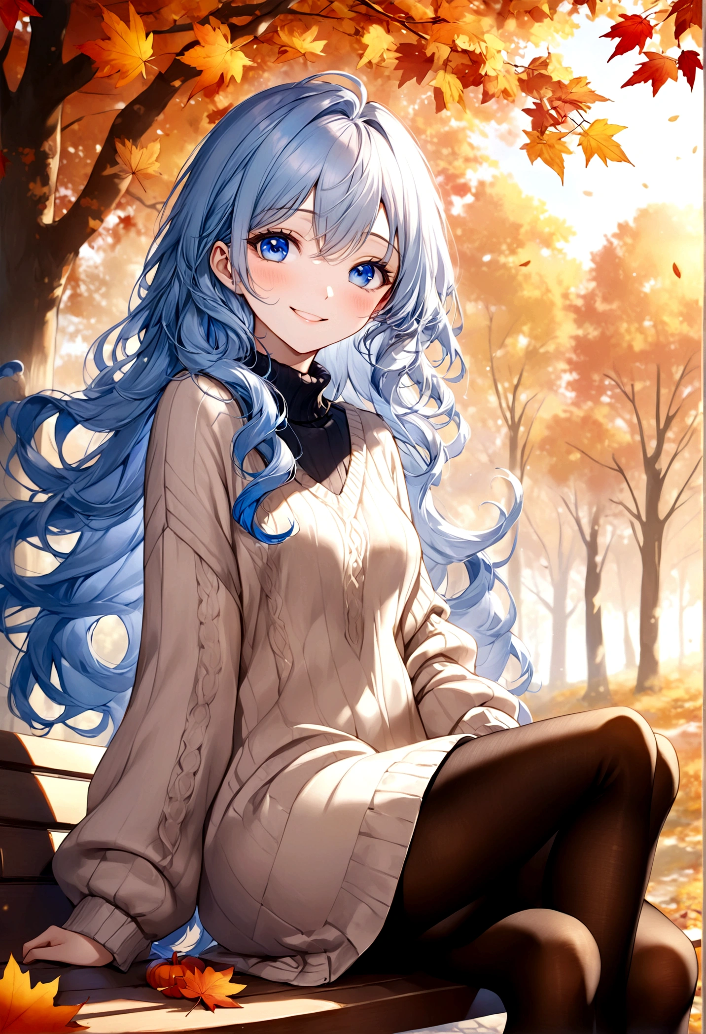 ((top-quality)), ((masterpiece)), ((ultra-detailliert)), (extremely delicate and beautiful), beautiful woman, bright light blue hair, long wavy hair, sapphire blue eyes, cozy sweater dress, sheer black pantyhose, sweet smile, relaxed expression, fair complexion, autumn background