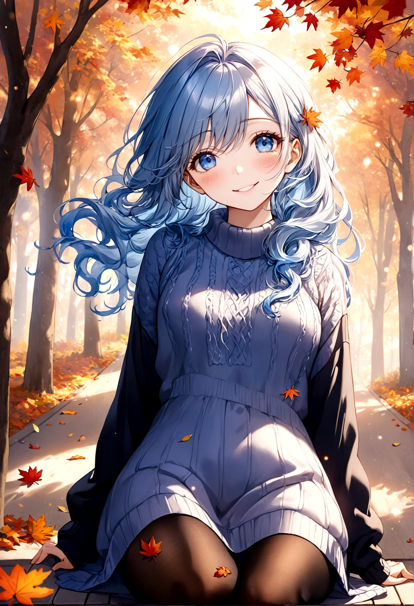 ((top-quality)), ((masterpiece)), ((ultra-detailliert)), (extremely delicate and beautiful), beautiful woman, bright light blue hair, long wavy hair, sapphire blue eyes, cozy sweater dress, sheer black pantyhose, sweet smile, relaxed expression, fair complexion, autumn background