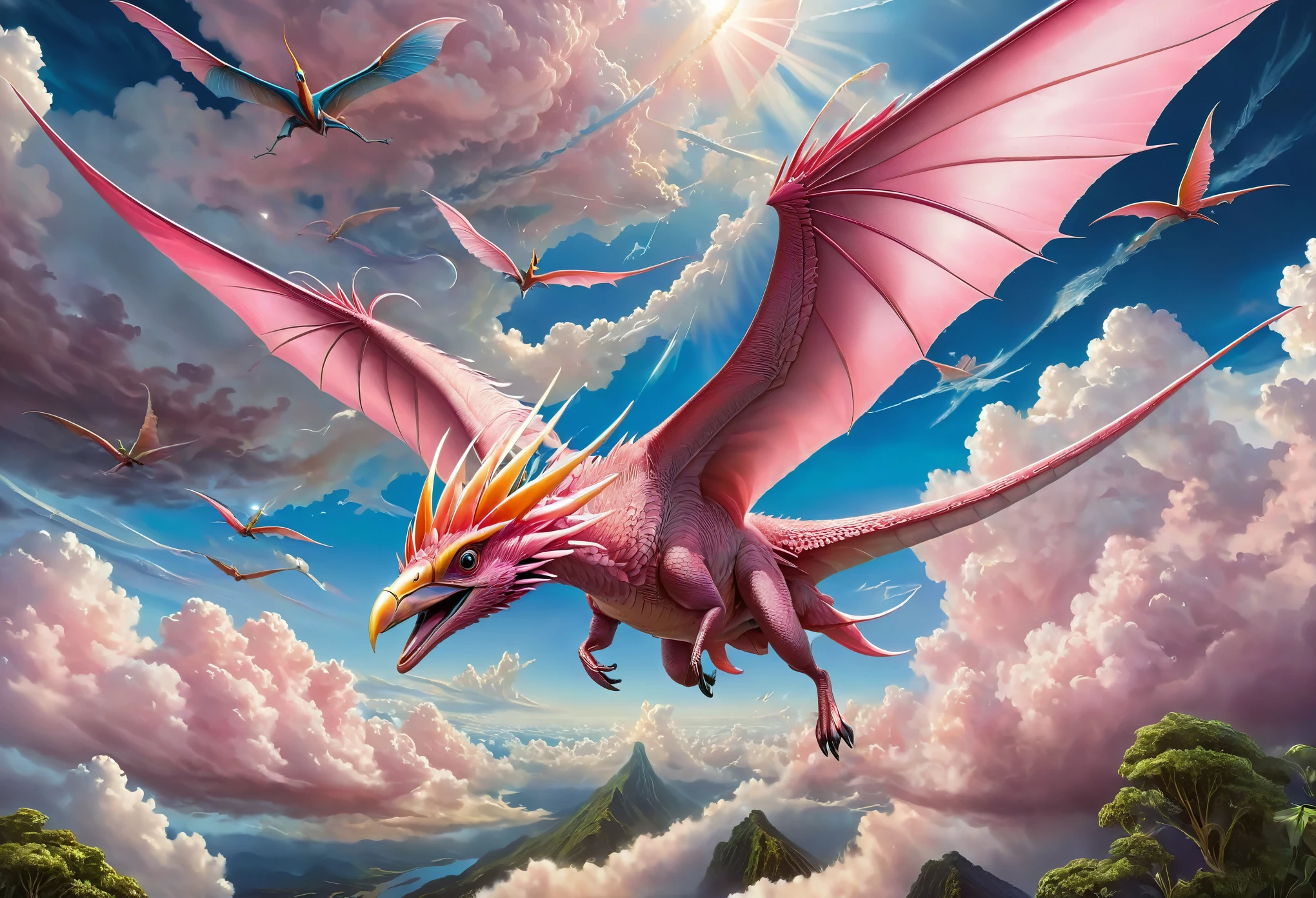 Illustration of the Pink Pteranodon, detailed Pteranodon, gloss and reflections, sharp-eyed, overwhelming ruler of the sky, The figure of a man flying through the clouds, Mother Nature,
bold stroke of the pen, intricate detail rendering, digital art, 3D rendering, Octane render, breathtakingly beautiful CG