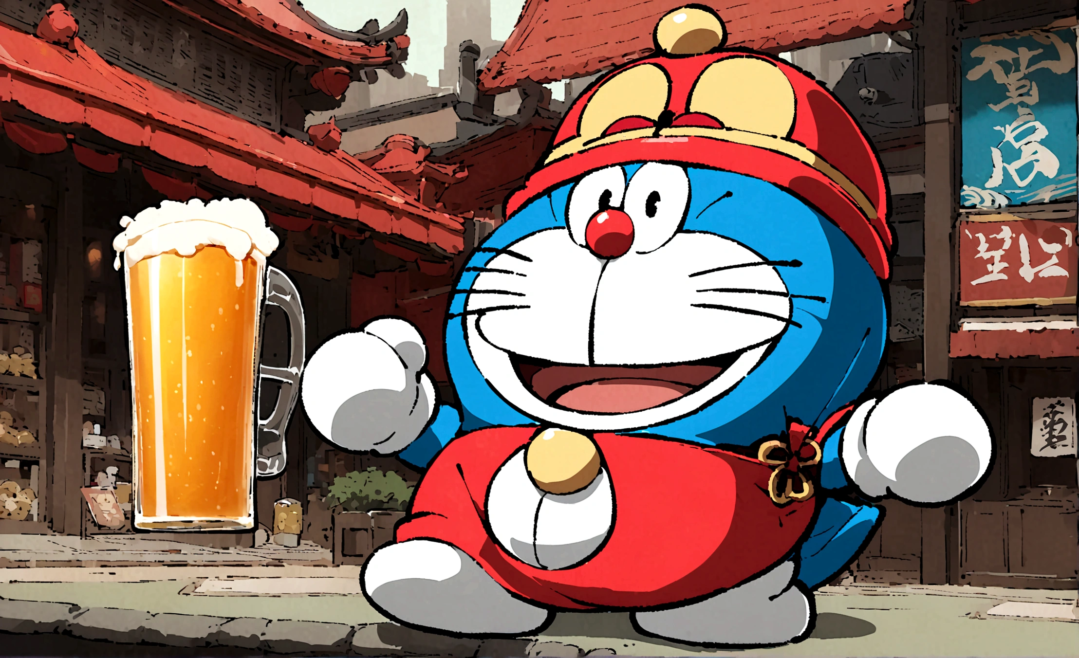 Doraemon,drink beer,Japanese anime style,Future Japanese street background,Wearing a futuristic Japanese kimono,Full beer glass,Japanese style,japonisme,真实Doraemon头像