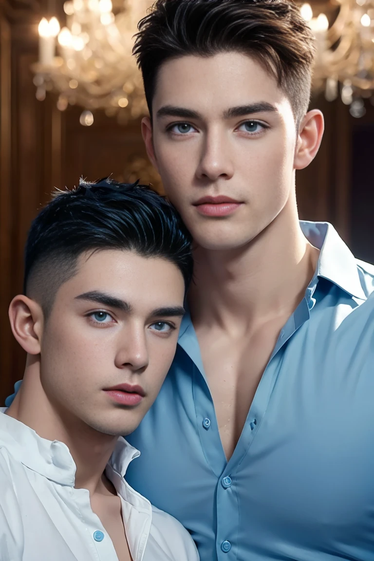 Ultra wide angle,((masterpiece)),((best quality)),8K,High Detail,Very detailed, (2 handsome muscular boys),Very manly,blue eyes,Stylish short hair,Vivid male image, Fashion pose, masculine expression,Real skin texture, Perfect hand details,Light,
Royal blue style couple,White male model photos