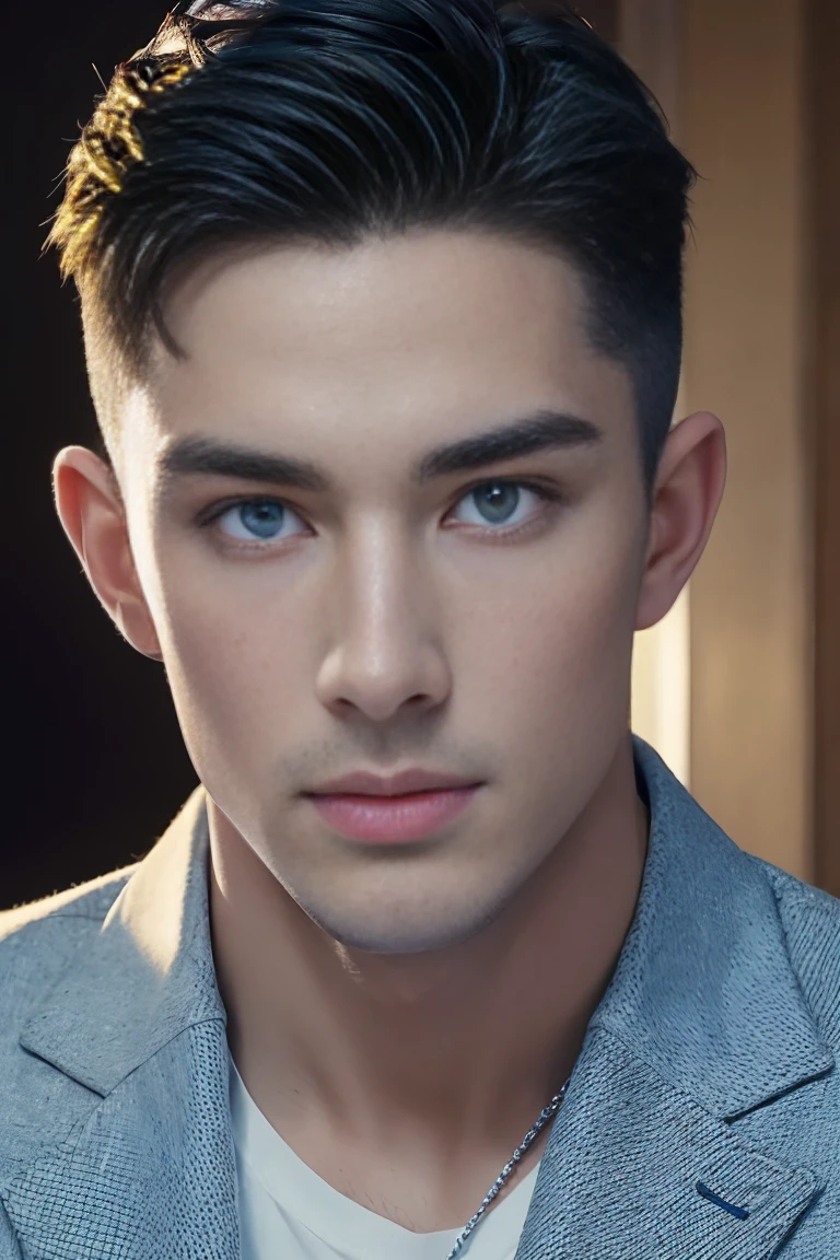 Ultra wide angle,((masterpiece)),((best quality)),8K,High Detail,Very detailed, (2 handsome muscular boys),Very manly,blue eyes,Stylish short hair,Vivid male image, Fashion pose, masculine expression,Real skin texture, Perfect hand details,Light,
Royal blue style couple,White male model photos