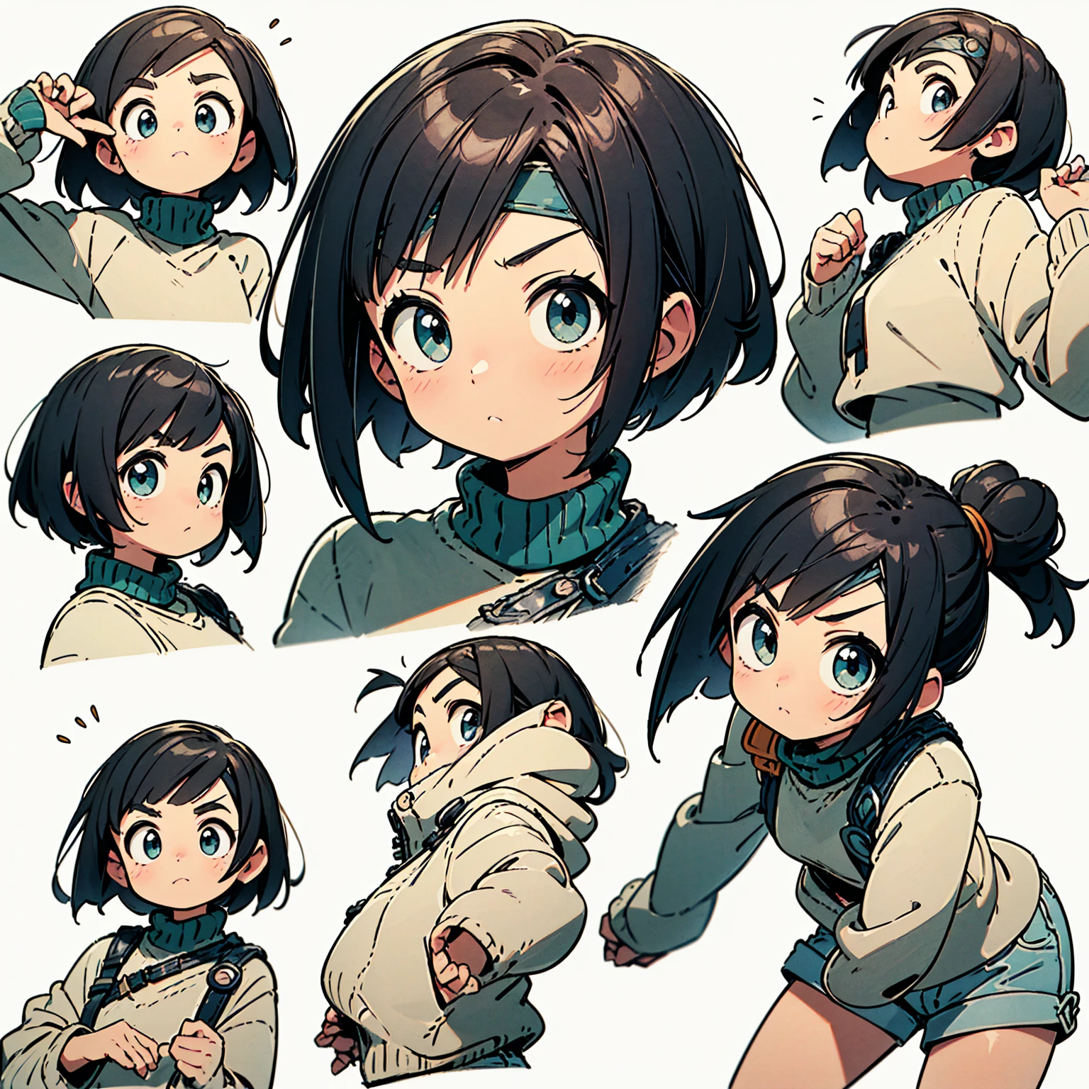 8K quality,(super masterpiece:1.3),Highest quality,Detailed Images,The real picture,Natural lighting,symmetrical beauty,1 female,9 expressions,Nine portraits,lots of sketches,Yuffie Kisaragi,Hairstyle(short hair),clothing(head band,turtleneck,No sleeve,Shorts),(very cute:1.3),(Face directly towards the camera,Looking directly at the viewer,looking at the camera,The body faces the viewer,The body is facing the direction of the camera,Face looking straight into the camera).