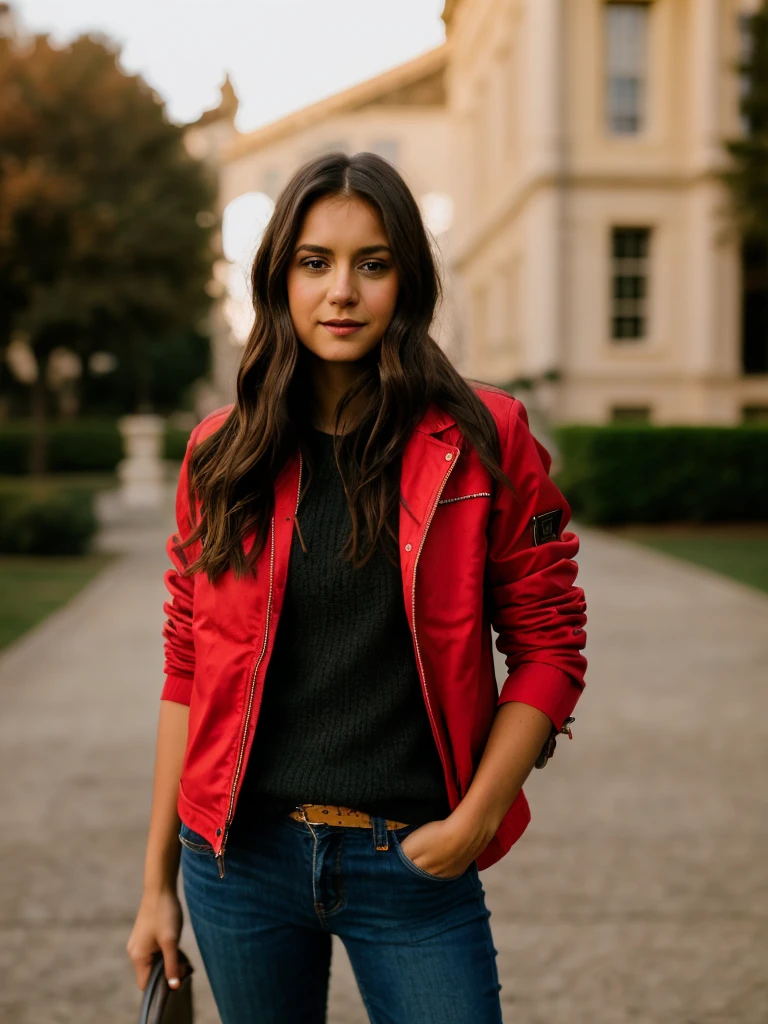 A beautiful n1n4d woman,1girl,solo,long hair,   She has long, brown hair and is wearing in a red jacket holds a Salvador Dalí mask in her hand.looking directly at the camera. Lips,realistic,soft lighting, professional Photography, Photorealistic, detailed, RAW, analog, sharp focus, 8k, HD, high quality, masterpiece