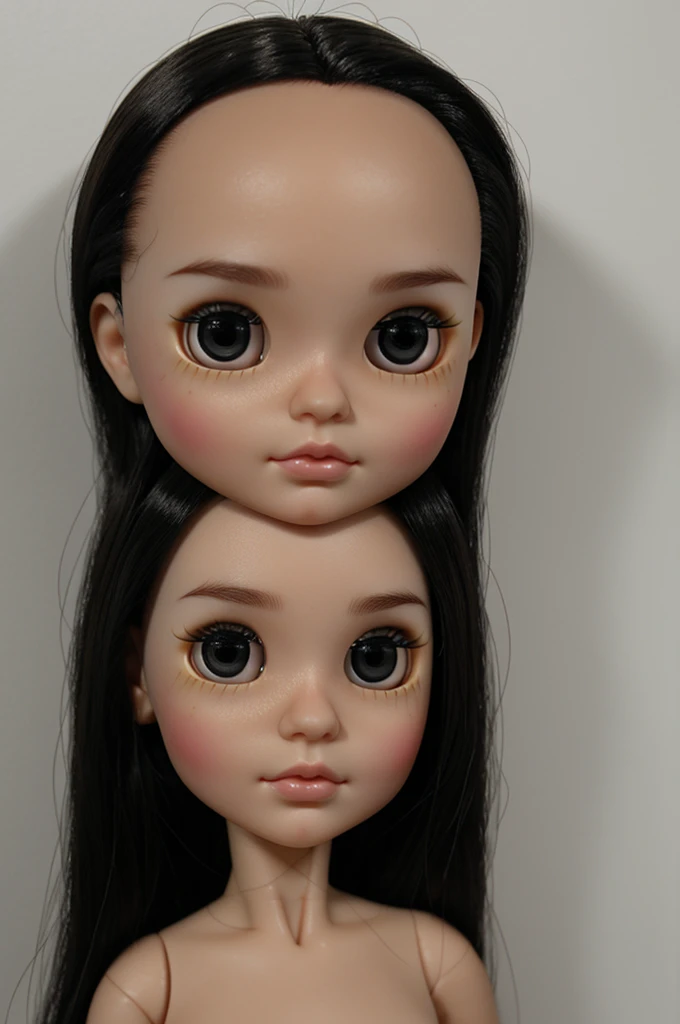 blythe doll black eyes, white complexion, short black hair, no bangs, with a hairless forehead, a clear forehead