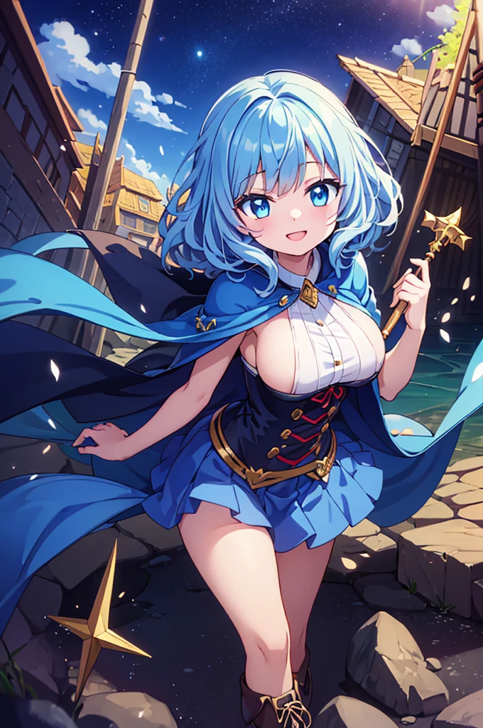 Fantasy,((Masterpiece)),((high resolution)),((Best Quality)),Anime illustration,((1girl)),(wavy hair),(short hair),(pale blue hair color),small ponytail,headband,Indigo eyes,(Big round eyes),((tareme)),((child)),,((baby face)),((very big breasts)),Short stature,Young,(loli),,ice wd,sleeveless white blouse,Blue mini skirt,slit,Brown corset,brown capelet,smile,,Brown long boots,wizard's wand with blue gem,