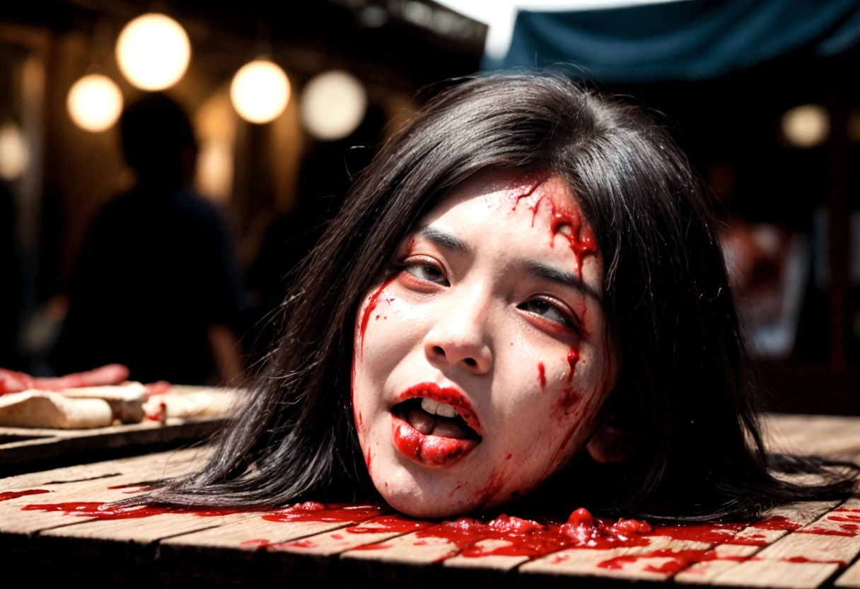 arafed woman with blood on her face laying on a table, bloody face, indonesian horror, clean brutal blooded face, pale woman covered with blood, blood dripping down the head, award winning horror photography, hyper realism scary, bloody scene, horror photography, photorealistic horror, realistic. cheng yi, horror dramatic moment, close eyes