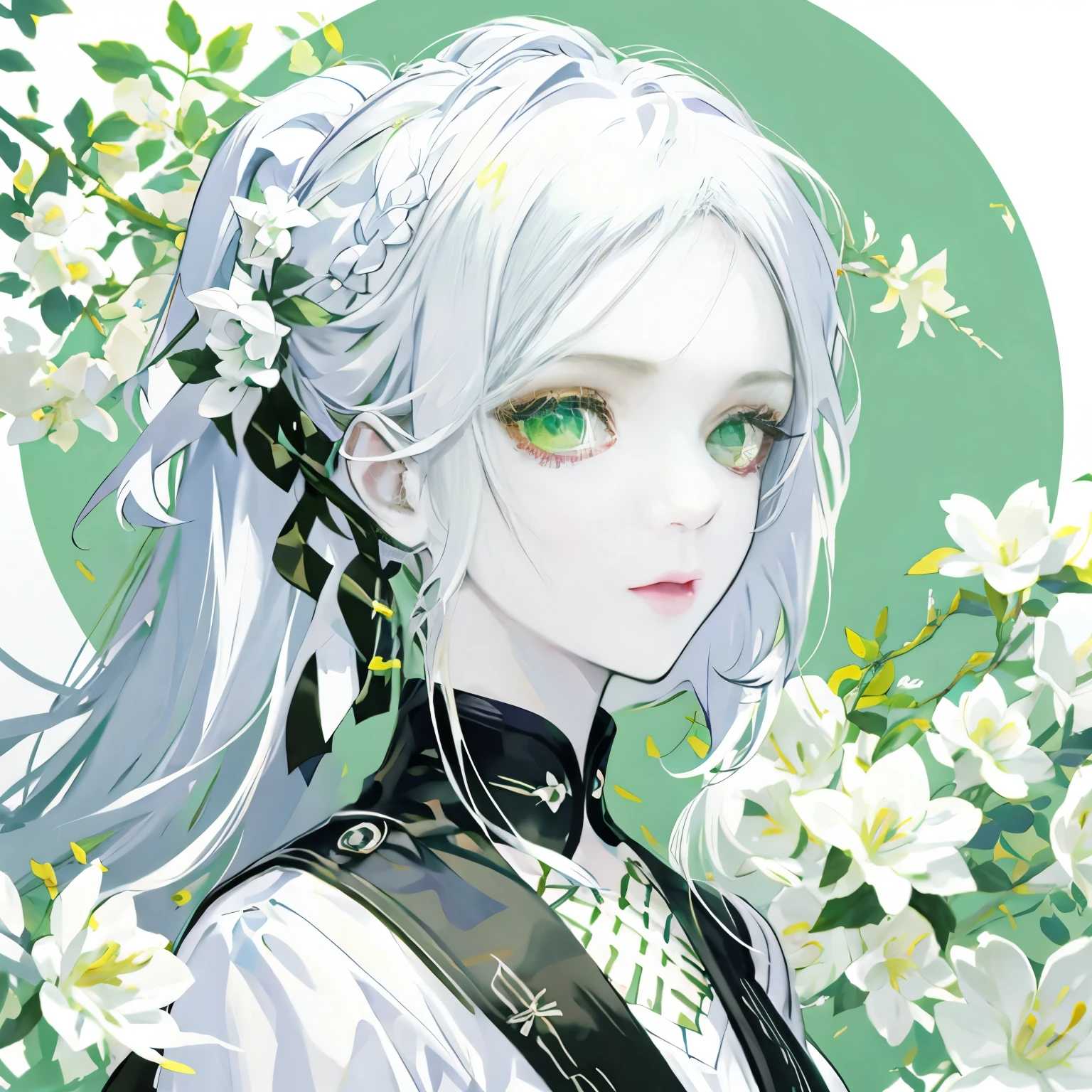 ash white hair girl, long hair ,green eyes, pale skin, high quality, highly detailed, detailed face, spring vibe , simple flowers, looking at viewer simple background,