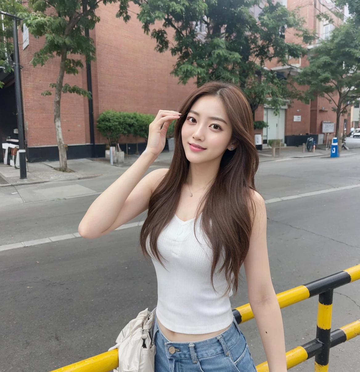 Black Eyes, 1 woman, (female)), solo, real, top quality, photorealistic, masterpiece, 8K, HDTV, solo, hdtv face, soft lighting, bedroom, ((daytime)), sky, (looking at camera), (portrait: 0.6), full-body, (medium hair), ponytail, brown hair, floating hair, lips, lipstick, seductive smile, Floating hair, smile, open mouth, teeth, eyelashes, Nogizaka 46, Moeka Tada, Akari Suda, idol, beautiful girl, ((uniform)), (((standing))