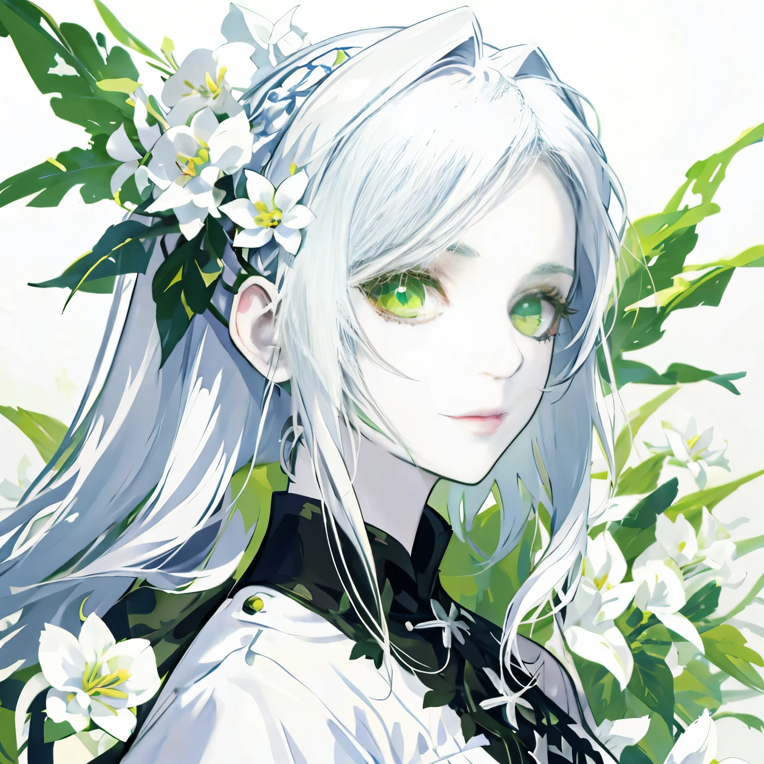 ash white hair girl, long hair ,green eyes, pale skin, high quality, highly detailed, detailed face, spring vibe , simple flowers, looking at viewer simple background,