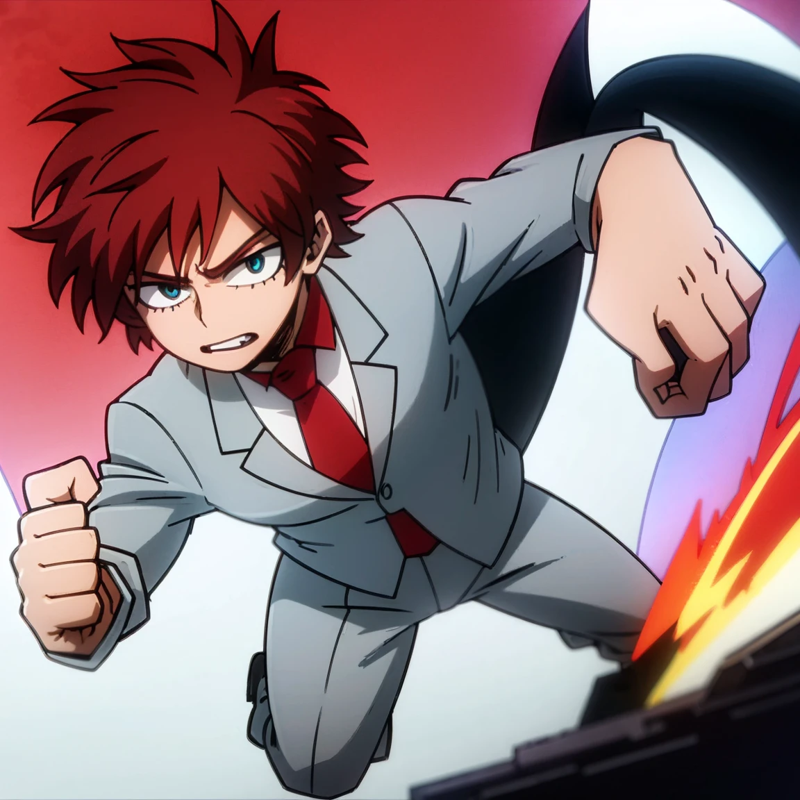 1boy, male focus, solo, muscular body, short hair, wavy hair, crimson hair, blue eyes, gray jacket, red tie, white shirt, teal pants, boots, fire, snow background, light, handsome