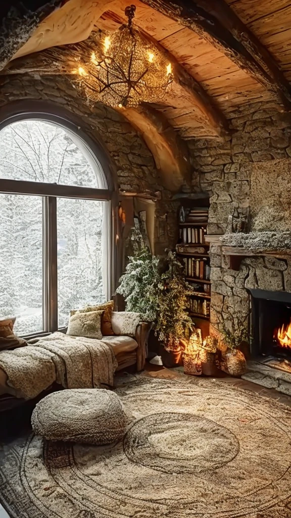 Create a cozy interior scene of a rustic room with a wooden ceiling and a large arched window showing a snowy landscape outside. The room should feature a comfortable bed with warm blankets and pillows, positioned near a lit fireplace. Bookshelves filled with books and small decorative items should be built around the fireplace. The room should be warmly lit with a mix of natural light from the window and the glow from the fireplace. Include a round, intricately patterned rug on the floor.