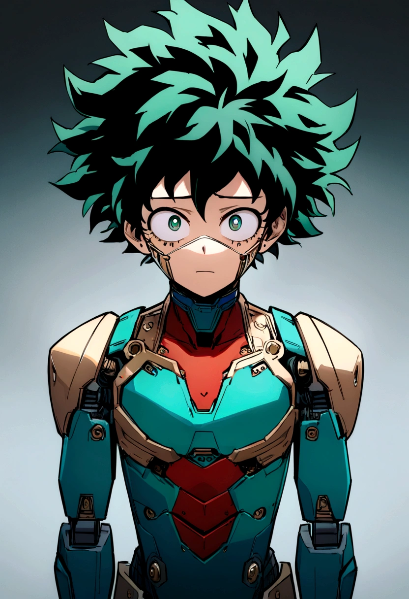 (masterpiece, best quality:1.2), solo, male focus, 1boy, midoriya izuku, short green hair, green eyes,teenager, toned slender body, blank expression, mouth hanging open staring straight forward, anime style, my hero academia style, android, humanoid robot, robotic features, cybernetic anatomy, cybernetic facial structure